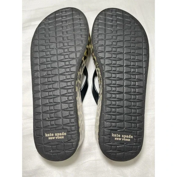 KATE SPADE Leopard Flip Flops Platform Sandal Black Bow Womens 7M New Logo Charm - Picture 7 of 9